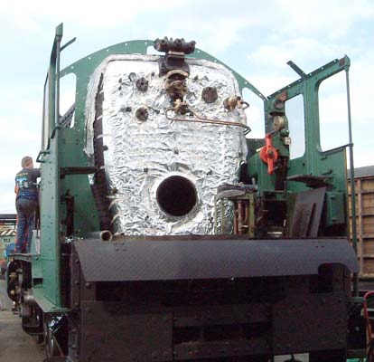 The backhead with the foil in place along with some of the backhead fittings and lubrication atomising steam pipework from the W valve back in place. May 23 2004 &copy; Colin Henderson.