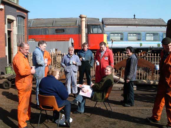 Tea up ! From the right - Steve Underhill, Alex Hayes, Angie Hailwood (sat), Colin Springthorpe, Keith Hudson, Brian Dodd, Jane Smith (sat), somebody who is hiding, Richard Jones and Ron Smith. March 16 2003. &copy; Colin Henderson