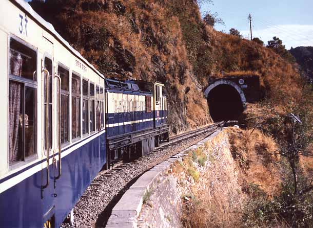The "Deluxe Shivalik Express" approaches tunnel 78 on the climb from Kalka to Shimla. November 2000