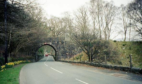 Just south of Beddgelert the WHR route meets the never used trackbed of the Porthmadog, Beddgelert & South Snowdon Railway. This bridge has never carried a train since it was built. March 28 2003