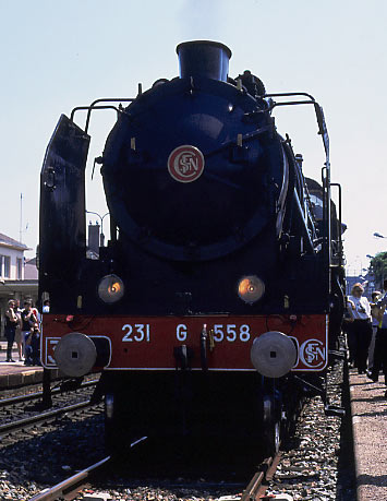 Head on at Chaumont. 231G558 and support van came off the train here and went in to the yard for water, fire cleaning and coal. June 1 2003