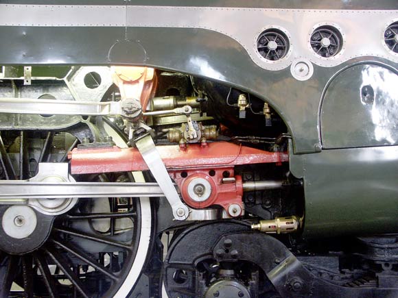 A close up view of the crosshead arrangement and certain items of the valve gear. Also note the large brass pressure relief valve on the cylinder end cover. May 31 2003