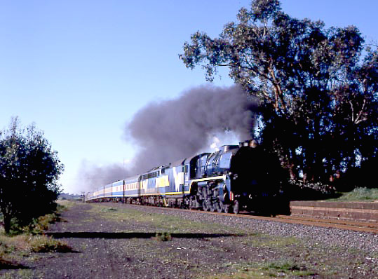 West Coast Railway R Class 4-6-4 R711 in action on the 08:48 Melbourne Spencer Street to Warrnambool service at Moriac. July 21 2001