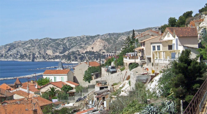 The route the line to Miramas takes from the junction at L'Estaque is spectacular. The course can just be made out in this photo - with the line ending up in a tunnel. &copy; Brian Bane 