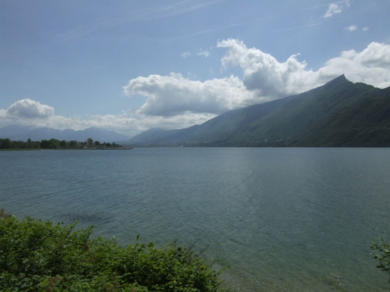 Having passed non-stop through the Alpine towns of Chambery and Aix-les-Bains the train reached the shores of Lac du Bourget. This is the view back towards Aix.