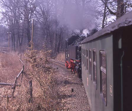 VIIK neu 2-10-2t 099 743-7 hauls a Radebeul bound train near Cunnertswalde. April 7 1996