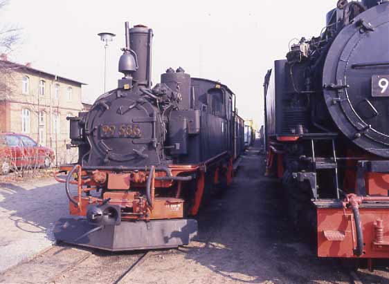 Meyer IVK Class 0-4-4-0t 99 586 and VIIK neu 2-10-2t 99 791 on display at Radebeul. April 7 1996
