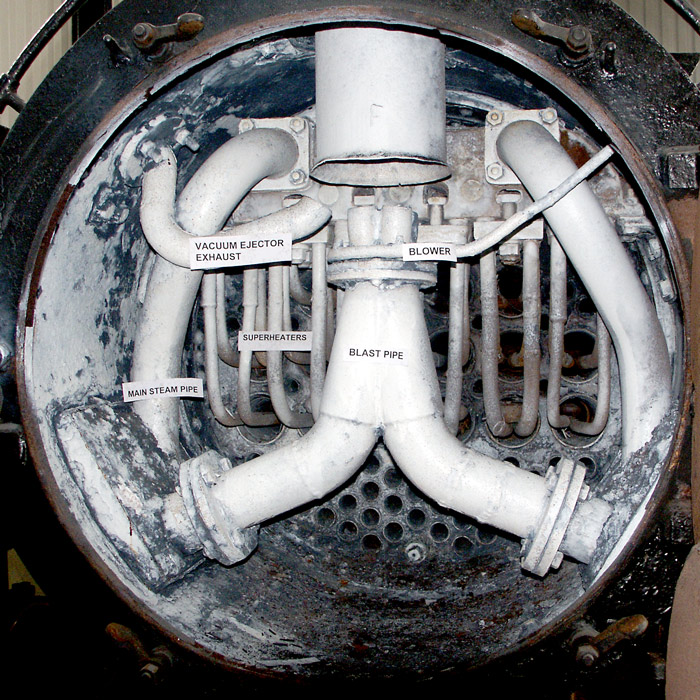 The conveniently labeled smokebox of WLLR Sir Drefaldwyn. The blower was also modified by Nigel & Shaun, it is of the de Laval type. Not labeled is the downward extension of the chimney, This section forming the mixing chamber of the exhaust system. August 14 2003