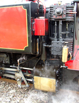 Clearly shown here is the KLR produced duplex air brake pump. The cylinders on this locomotive were originally fitted with slide valves. However they have now been replaced with piston valves - the valve chests were swapped leading to less than perfect steam passages. None the less it is a step up from slide valves. April 11 2004