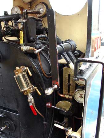 A closer view of the right hand side controls showing the regulator, reverser, brake valve and brake gauges amongst other controls. April 11 2004