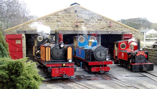 Three of the KLR's fleet on shed, and in steam, at Clayton West Depot. On the left is Avonside geared type V engine 0-4+4-0t Owl, then Kitson-Meyer 0-4+4-0t Hawk and finally 2-6-2t Fox. April 11 2004