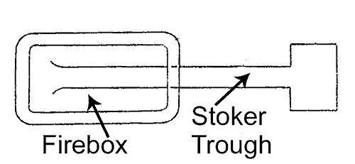 A basic plan view of the underfeed stoker as applied to the Austerities. Diagram adapted from UK patent 929,486.