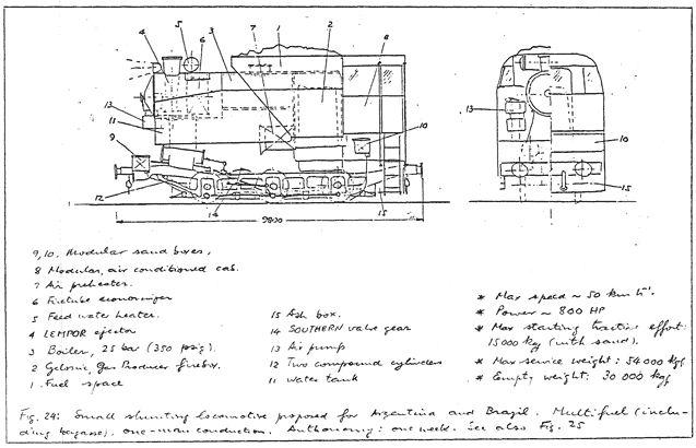 A 0-6-0 shunting loco for Argentine and Brazilian service - part of the history of the LVM800 concept. The drawing states "autonomy: one week". It is very interesting to note this machine has two inside  cylinders, compounded on the Porta system, which would include resuperheating between the high and low pressure cylinders. The specification of inside cylinders with the added complexity this brings, especially for maintenance staff, can be explained by Porta's belief that careful and thoughtful detail design would render such issues unimportant. A truly well designed loco would not require day to day attention between the frames, much like an internal combustion engine does not need regular maintenance of the cylinder head components or crankshaft. There is a difference between intellectual complexity and actual complexity in a machine. Suggesting a machine should be as simple as possible in every way is an error of logic.