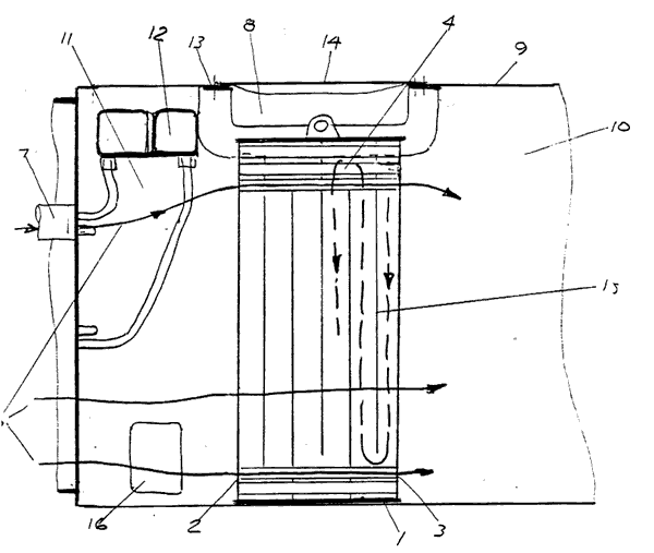 An economiser showing the general location in the smokebox, the gas flow and the water flow. As would be expected the feedwater, which has already passed through the closed feedwater heater enters the economiser at the smokebox door end (where the combustion gases will be at their coolest) traveling backwards towards the tubeplate before being directed into the boiler. The item labelled 14 on the drawing is a cover on the smokebox to allow easy access and removal. The very low rates of firebed particle entrainment coupled to an all welded boiler designed to the highest standards and using 'Porta Treatment' means access to the tubeplate would only be required very infrequently and certainly not on a daily basis. If it were the economiser's location would be impractical. However an access cover, number 16 on the drawing, is provided for inspection purposes.
