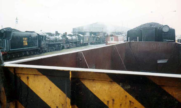 Locomotives stand outside the depot at Ro Gallegos. April 1992.  C.A.Fox