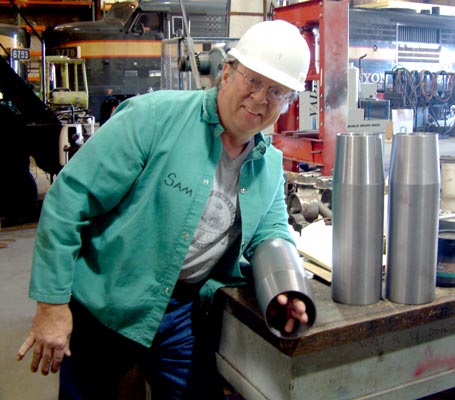 GCR Chief Mechanical Officer Sam Lanter shows off the size of each Lempor nozzle. These are believed to be the biggest ever made. March 14 2005. � Nigel Day 