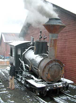 October 23 2003 was the first day No.9 Waumbek was steamed with the new exhaust arrangement. Here the locomotive is warming up for the day after an overnight snowfall. Courtesy of Nigel Day