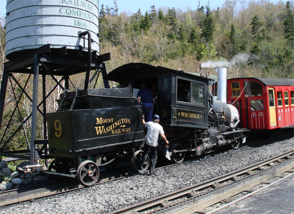 No.9 at Mount Washington Cog Railway's base station, ready for another trip. This view shows how unobtrusive the fuel tank in the tender is. © Nigel Day