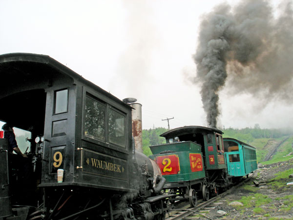 A contrast in combustion efficiency! Taken in the morning as pressure is raised on biodiesel fuelled No.9 and coal fired No.2. © Nigel Day