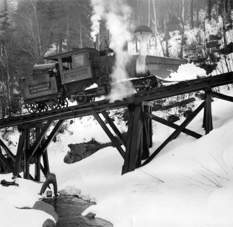 One previous attempt to implement liquid fuel at Mount Washington. This is loco 'Great Gulf' experimentally fitted with oil firing in 1938. Quite why the loco retains a spark arrestor cage on top of the chimney is uncertain. Photo Boston Maine, courtesy of Nigel Day One previous attempt to implement liquid fuel at Mount Washington. This is loco 'Great Gulf' experimentally fitted with oil firing in 1938. Quite why the loco retains a spark arrestor cage on top of the chimney is uncertain. Photo Boston Maine, courtesy of Nigel Day