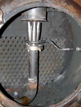 Inside the smokebox the blast pipe was extended, a Lempor nozzle and a much better blower were installed. The bottom section of the mixing chamber is also clearly visible. October 22 2003. Courtesy of Nigel Day