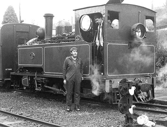 In 1993 Nigel stands by the side of Hunslet 2-6-2t No.14 at Llanfair. No.14 was the first loco to be modified. Courtesy of Nigel A.H. Day