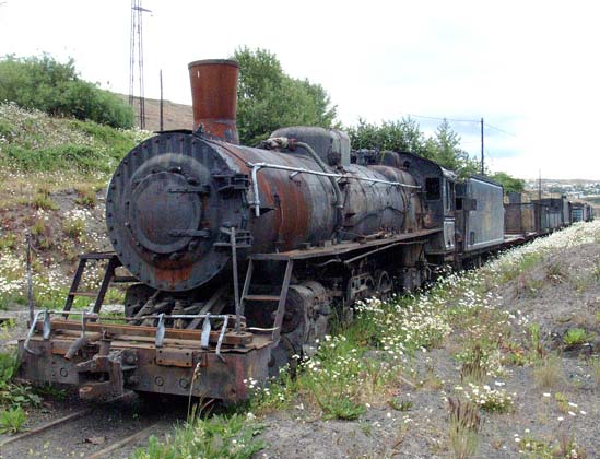 RFIRT 110 is one of the locomotives facing Rio Gallegos. The town of Rio Turbio can be made out on the hill to the right. January 23 2004 