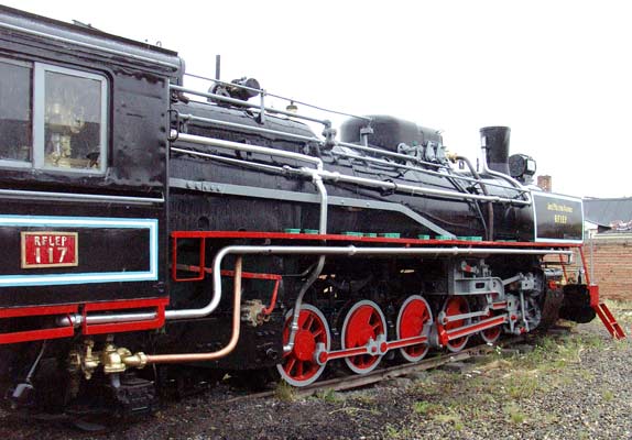 Cosmetically overhauled, but steamable, 2-10-2 No.117 in the compound at Rio Gallegos. January 24 2004
