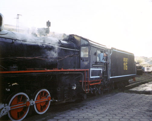 Shaun McMahon is in the fireman's seat as 116 moves around the yard at Rio Turbio. September 2004 