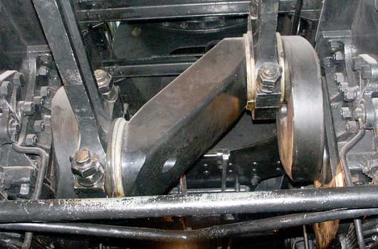 The crank axle is a fairly substantial piece of kit. It has the advantage of not having to support eccentrics for the valvegear. The inside motion is derived from the outside via rockers. October 4 2003