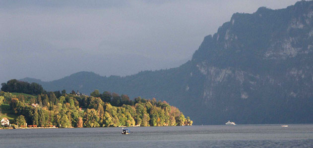 This is the view more of less south as the ferry crosses Lake Lucerne. Sadly the mountains are shrouded in mist. October 4 2003