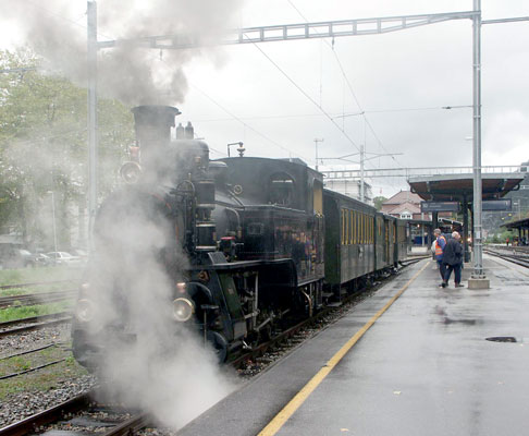 HG 3/3 1067 and its three coach train at Interlaken Ost on a damp and cold morning. October 5 2003
