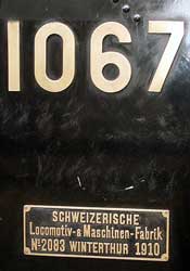 HG 3/3 1067 was built by SLM in 1910. However the Westinghouse air brake pump was built in London. Today 1067 is owned and operated by Ballenberg Dampfbahn. Its last major overhaul was completed in 1996. October 5 2003