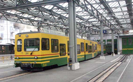 Wengernalpbahn unit 241 under the station canopy at Lauterbrunnen. October 5 2003