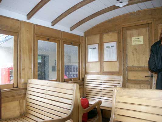 Primitive but in lovely condition. This is the view inside one of the restored carriages of the Ballenberg Dampfbahn. October 5 2003