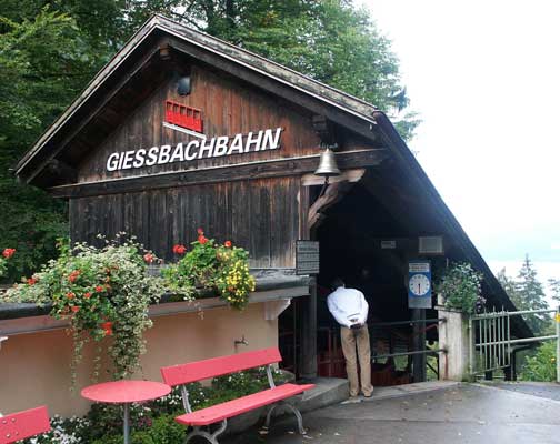 The Grandhotel Giessbach is somewhat isolated. Below the hotel, on the lake side, is a ferry stop. To make access from there to the hotel easy a funicular railway was built ! This funicular opened in 1879. October 6 2003