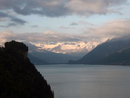 This was the view that greeted us from the front of the Grandhotel Giessbach looking out across Lake Brienz towards Interlaken and the high peaks beyond. October 6 2003
