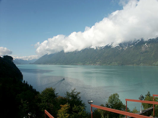 The coffee break time view across Lake Brienz with cloud stubbornly sticking to the mountains. October 6 2003