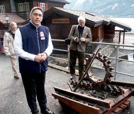 Christian Kiefer explains something about the Abt rack system used on the BRB. Behind to the right is Andrew Forbes of the Kerrisdale Mountain Railway in Victoria, Australia. October 8 2003