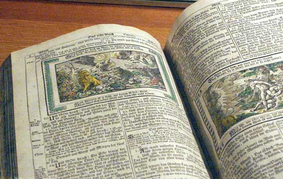 Inside the church was a display of ancient relics such as this illustrated German language Bible. October 8 2003