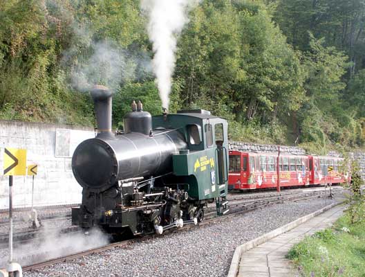 BRB 14 rolls down the grade towards the station. The counter-pressure brake is in use exhausting from behind the cab. October 8 2003