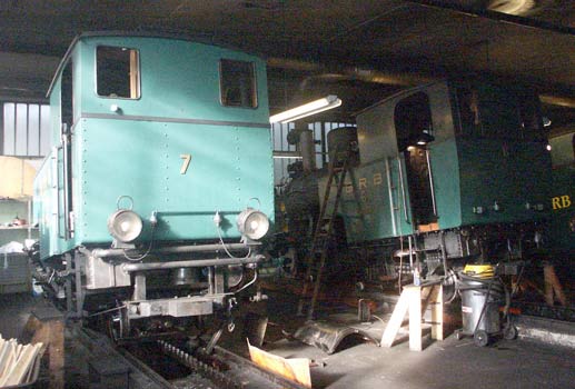 BRB 7, built 1936, and 6, built 1933, under winter maintenance in Brienz shed. October 8 2003