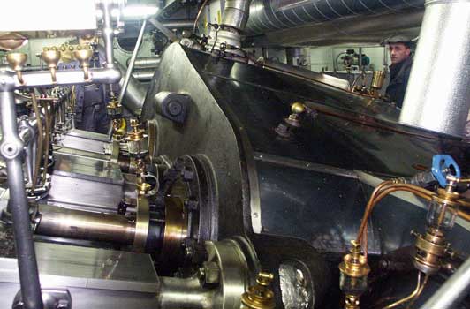 The ship uses a two cylinder compound steam engine. The high pressure side is closest. October 8 2003