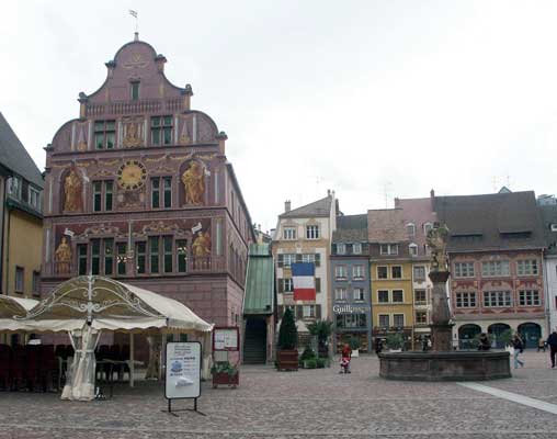 The centre of Mulhouse with the painted Hotel de Ville on the left. October 8 2003