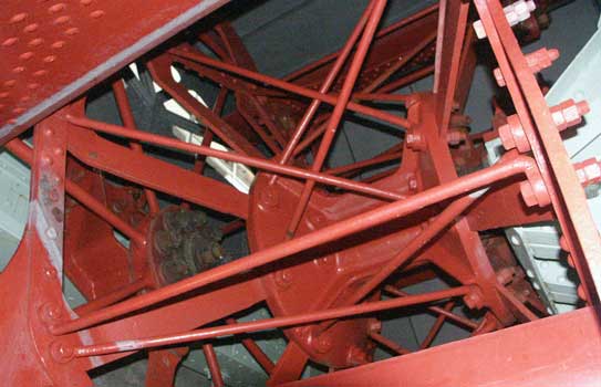 The paddles are cranked, that is each one changes angle to the water as it goes around thus giving maximum drive when required but minimising drag when not in position to drive the ship forward. October 8 2003