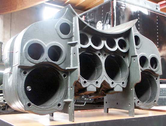 Before the rebuilding of a Paris Orleans 6000 Class 2-10-0 as a 2-12-0, 160A1, a model was constructed of the front set of low pressure cylinders. This view shows the front of the cylinder block. The high pressure cylinders were positioned further back down the locomotive driving on to the forth coupled axle. The locomotive was equipped with Lentz Oscillating Cam Poppet valves operated by Walschaerts valvegear. October 9 2003