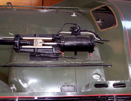 In later life many of the 241Ps were fitted with power reverse gear from 141Rs. This shows the Franklin type of power reverse cylinder. 241P16 was in service from 1950 to 1973. May 31 2003