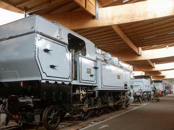 Several locomotives from the Paris Orleans Railway are preserved at Mulhouse in the grey PO colour scheme. Closest is 2-8-2t 5452, followed by 2-4-2 340 and Pacific 4546. October 9 2003