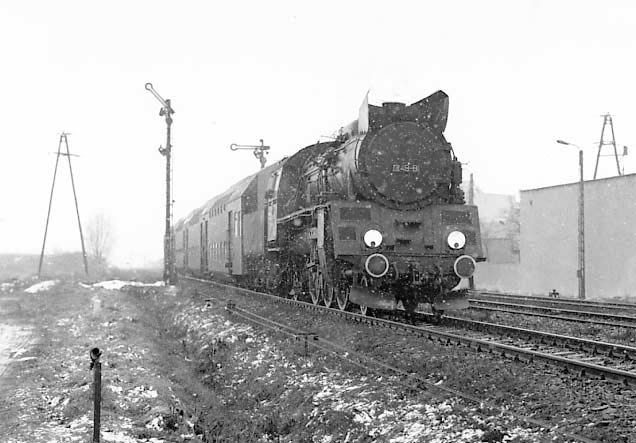 PKP 2-6-2 OL49 81 arrives at Wolsztyn from Leszno in the snow. April 3 1996