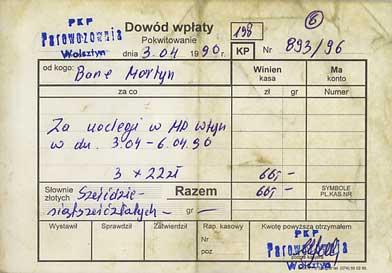 Shed accomodation receipt as issued by the shed master at Wolsztyn